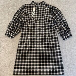 NWT Ganni Seersucker Puff Sleeve Mini Dress Women EU 44 US 14 XL Gingham 1/4 Zip
